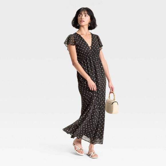 Open Box - A New Day - Women's Dolman Short Sleeve Maxi A-Line Black/White - Picture 3 of 3